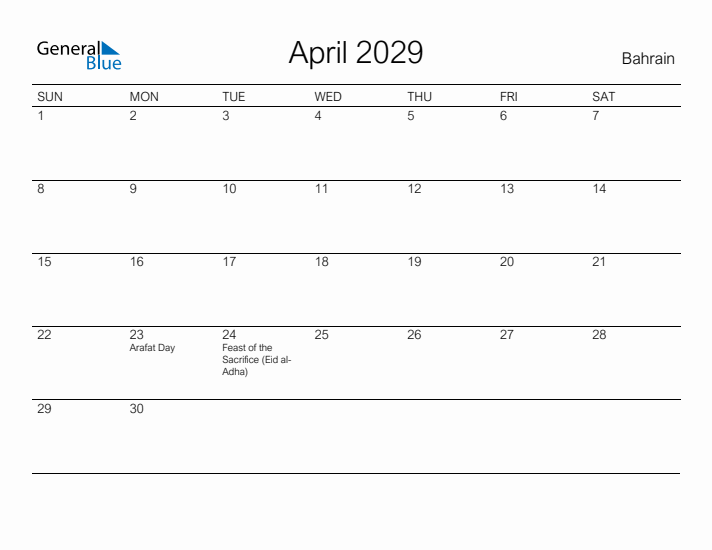 Printable April 2029 Calendar for Bahrain