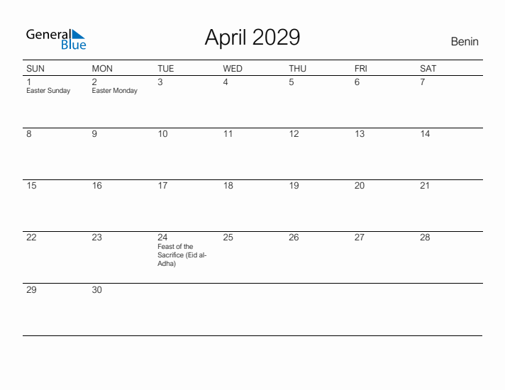 Printable April 2029 Calendar for Benin