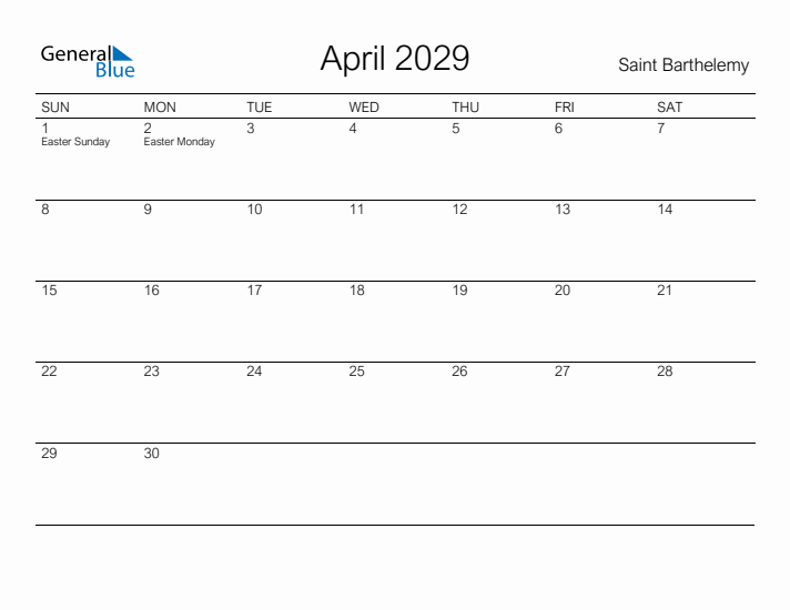 Printable April 2029 Calendar for Saint Barthelemy