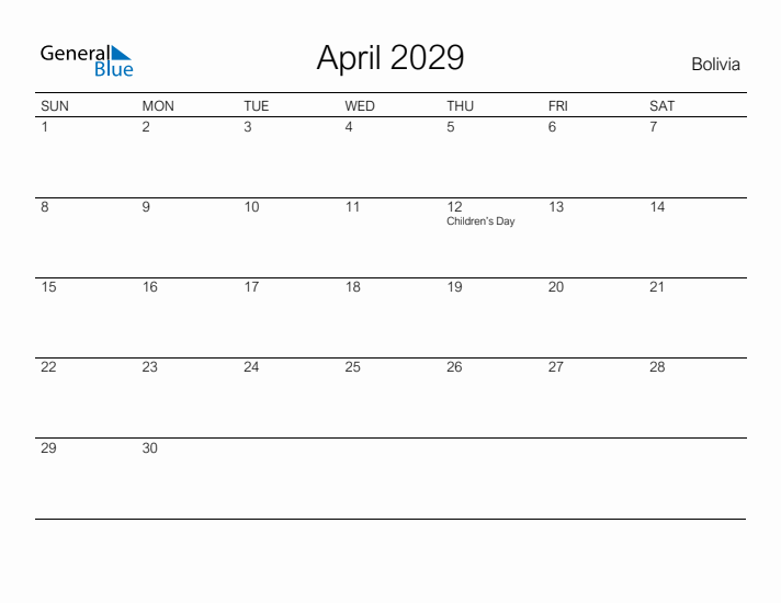 Printable April 2029 Calendar for Bolivia