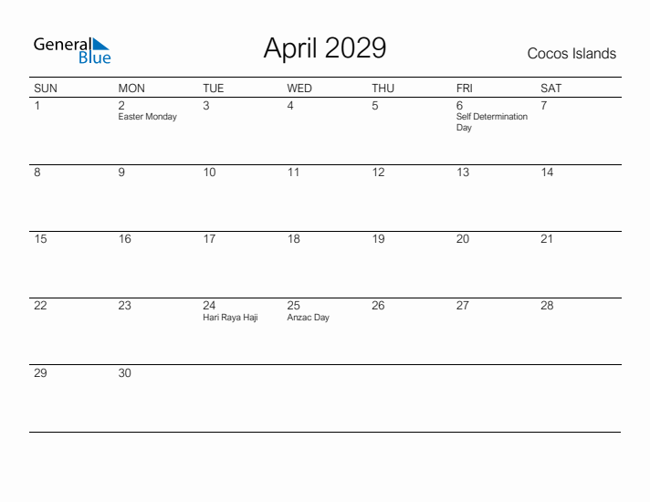 Printable April 2029 Calendar for Cocos Islands