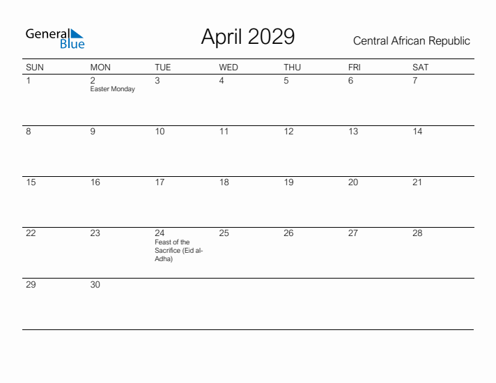 Printable April 2029 Calendar for Central African Republic