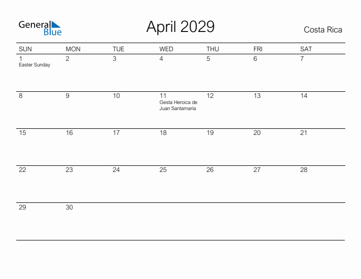 Printable April 2029 Calendar for Costa Rica