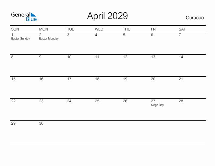 Printable April 2029 Calendar for Curacao