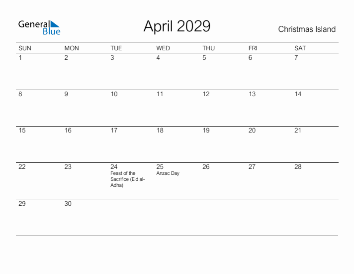 Printable April 2029 Calendar for Christmas Island