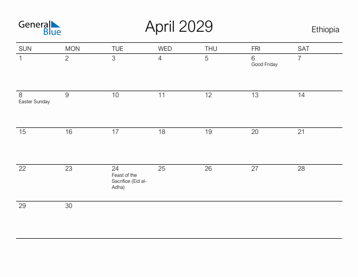 Printable April 2029 Calendar for Ethiopia
