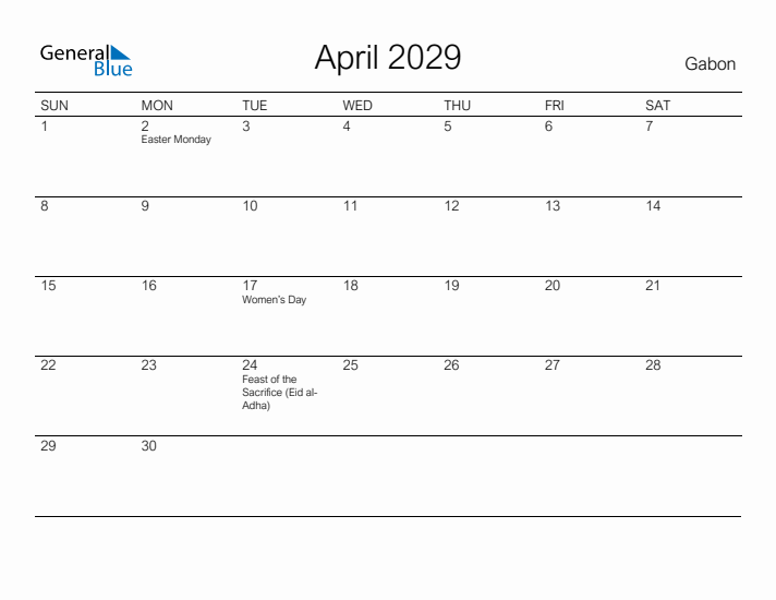 Printable April 2029 Calendar for Gabon