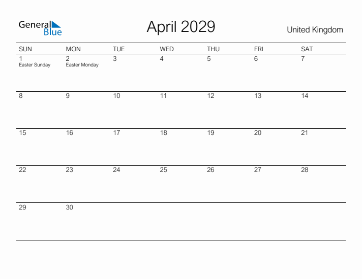 Printable April 2029 Calendar for United Kingdom