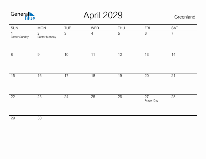 Printable April 2029 Calendar for Greenland