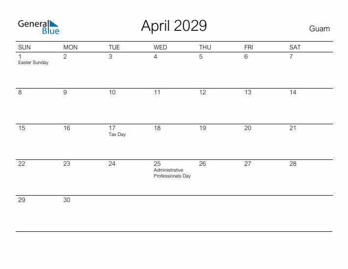 Printable April 2029 Calendar for Guam