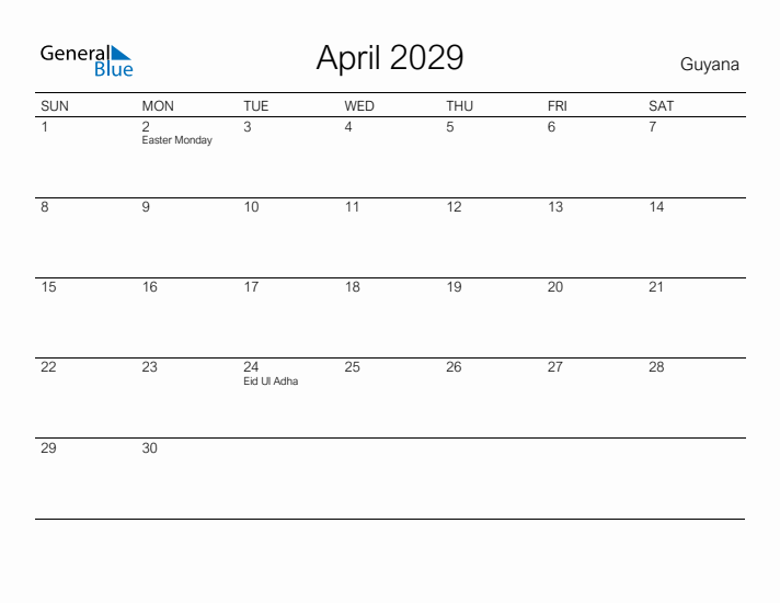 Printable April 2029 Calendar for Guyana
