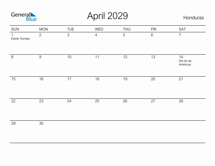 Printable April 2029 Calendar for Honduras