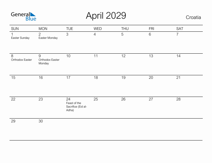 Printable April 2029 Calendar for Croatia