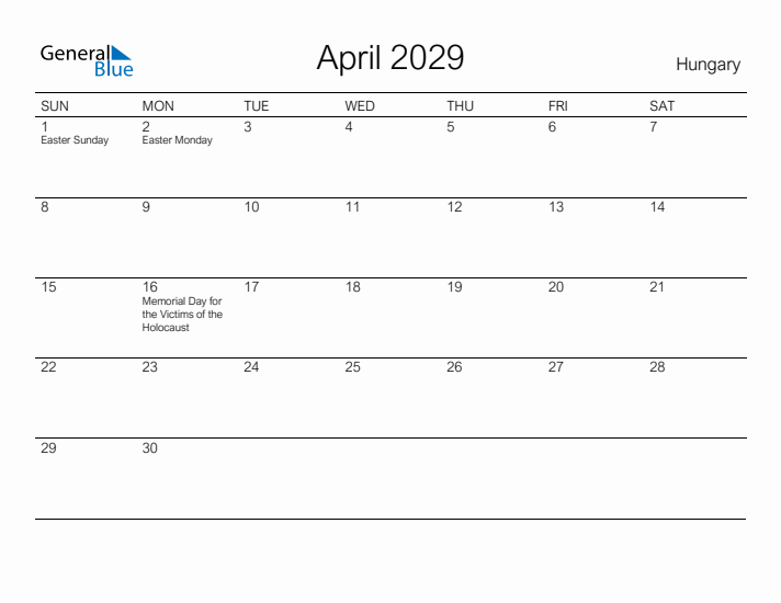 Printable April 2029 Calendar for Hungary
