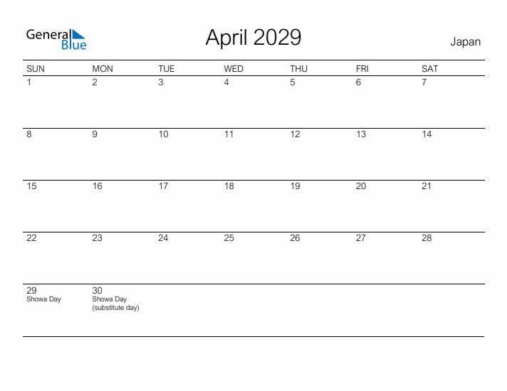 Printable April 2029 Calendar for Japan