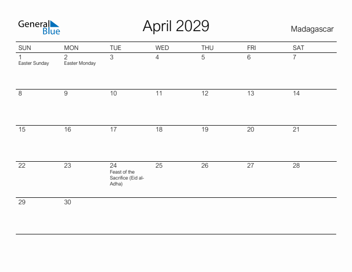 Printable April 2029 Calendar for Madagascar