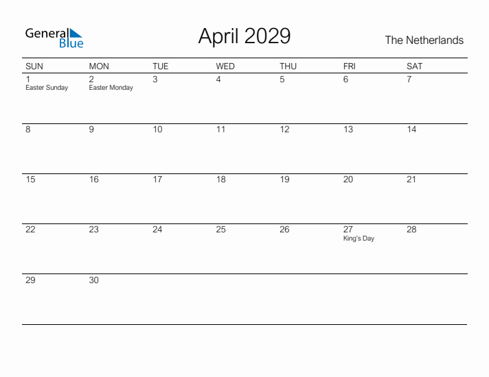 Printable April 2029 Calendar for The Netherlands