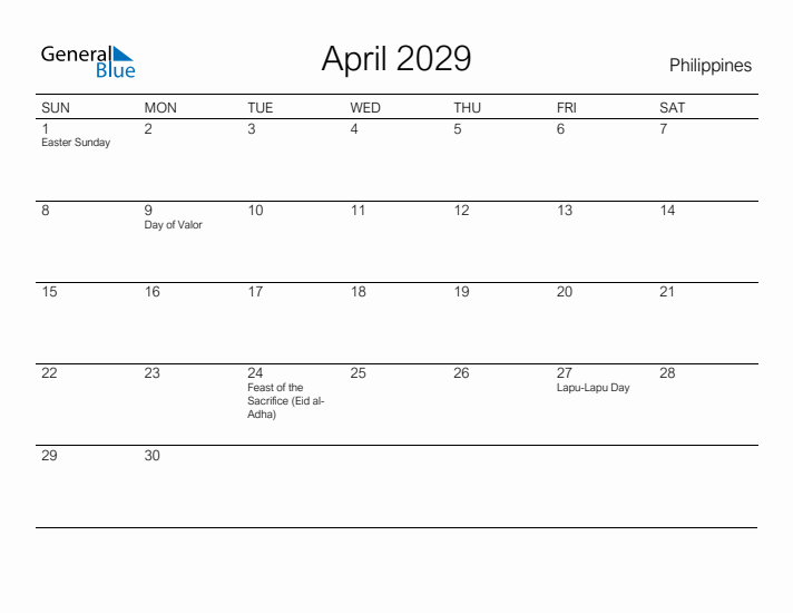 Printable April 2029 Calendar for Philippines