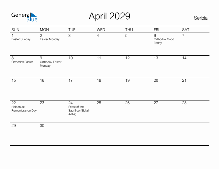 Printable April 2029 Calendar for Serbia