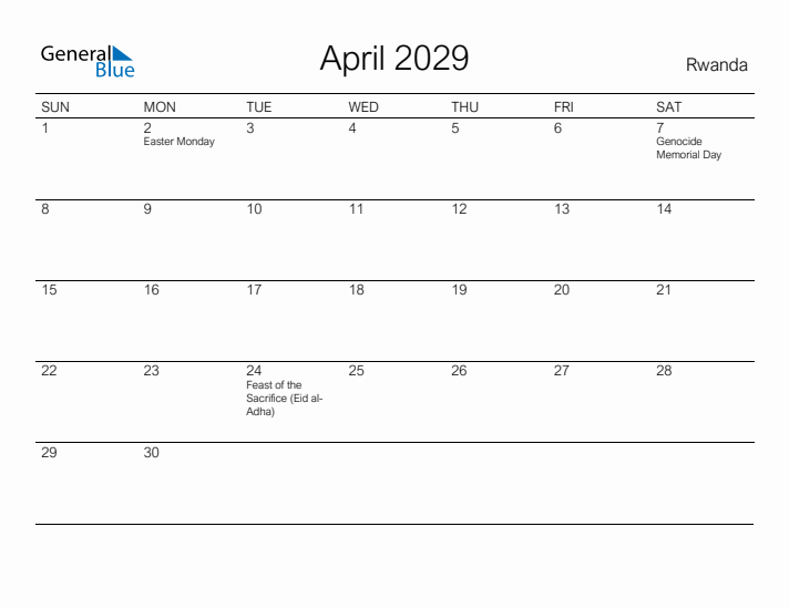 Printable April 2029 Calendar for Rwanda