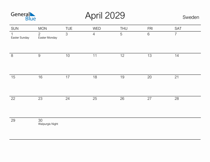Printable April 2029 Calendar for Sweden