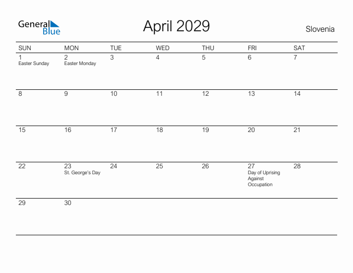 Printable April 2029 Calendar for Slovenia