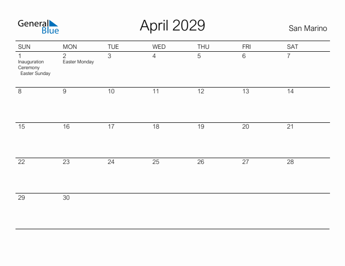 Printable April 2029 Calendar for San Marino