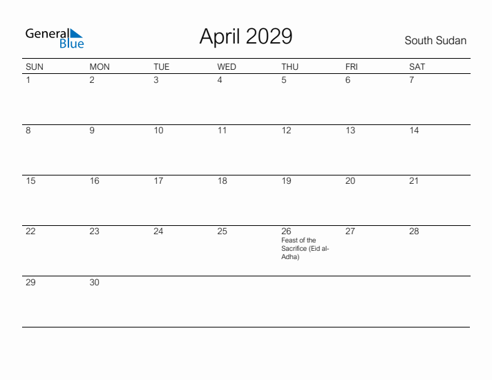 Printable April 2029 Calendar for South Sudan
