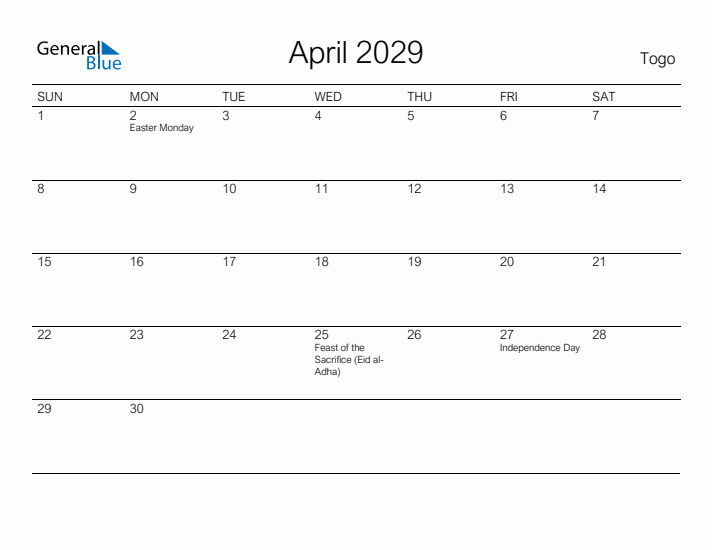 Printable April 2029 Calendar for Togo