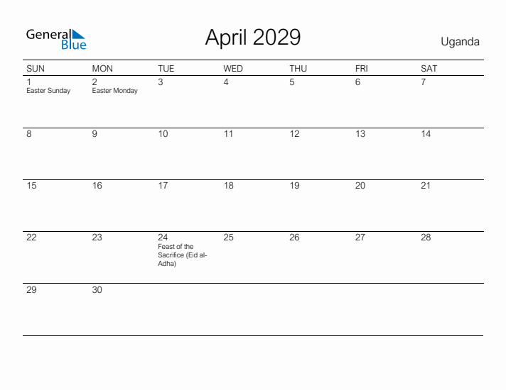 Printable April 2029 Calendar for Uganda