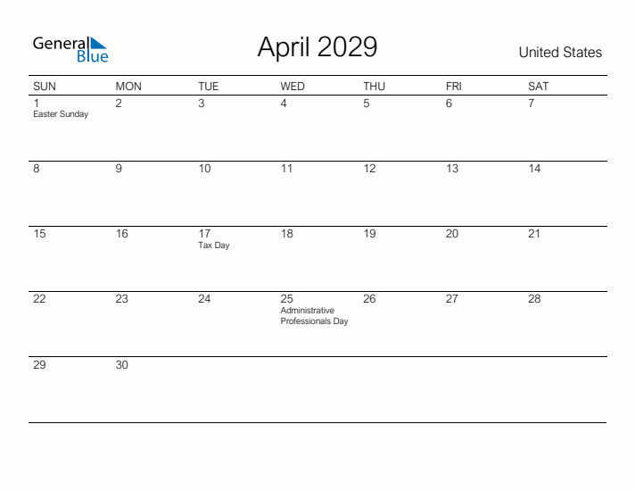Printable April 2029 Calendar for United States