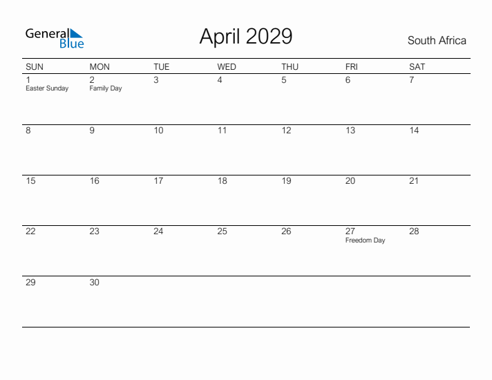 Printable April 2029 Calendar for South Africa