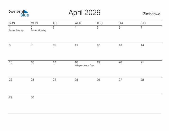 Printable April 2029 Calendar for Zimbabwe
