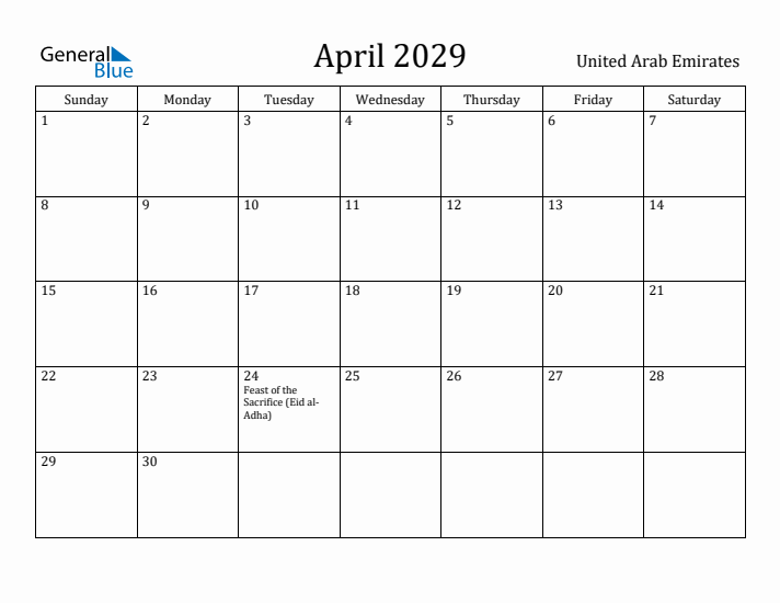April 2029 Calendar United Arab Emirates