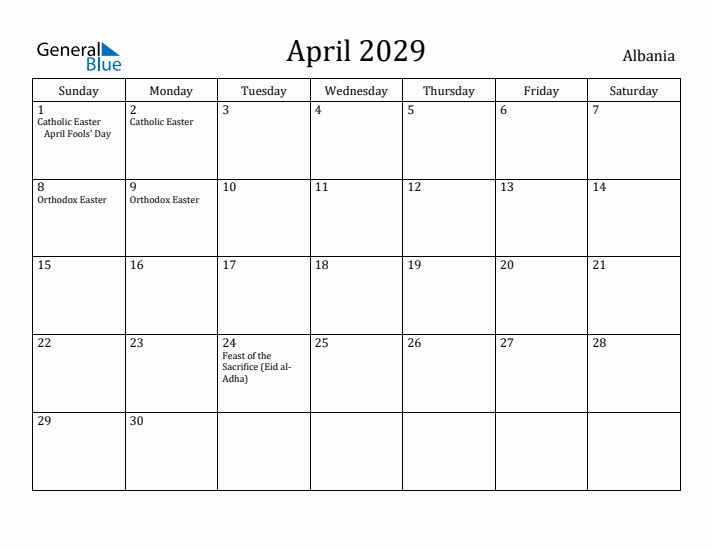 April 2029 Calendar Albania