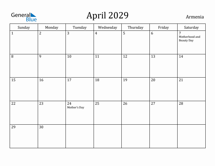 April 2029 Calendar Armenia