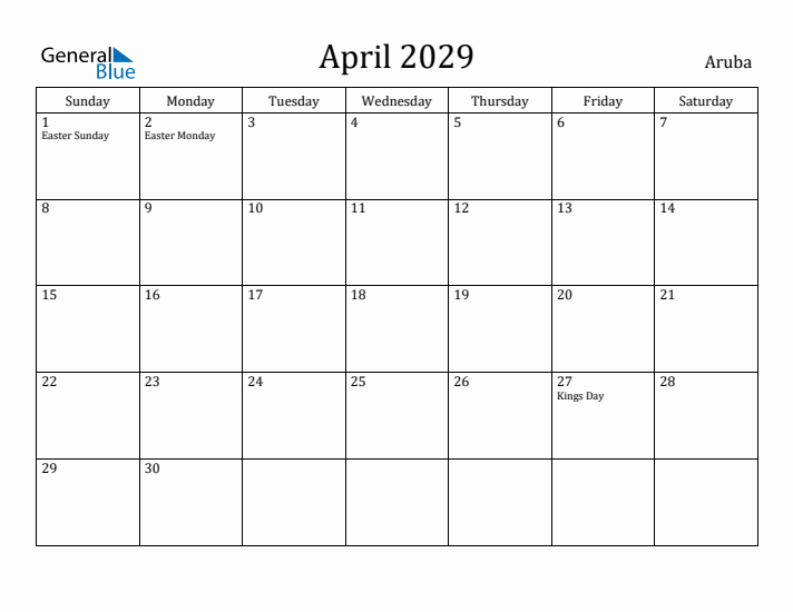 April 2029 Calendar Aruba
