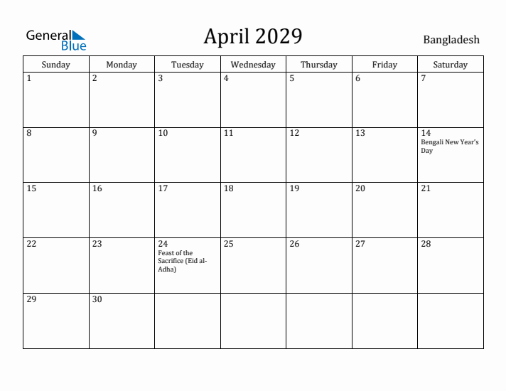 April 2029 Calendar Bangladesh