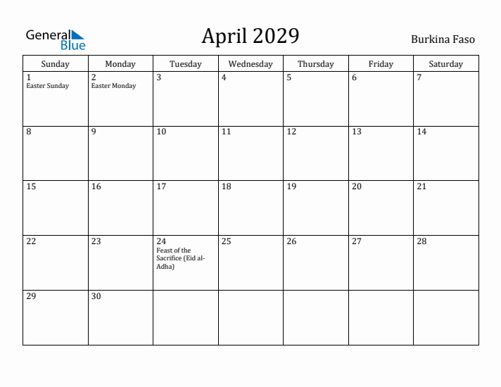 April 2029 Calendar Burkina Faso