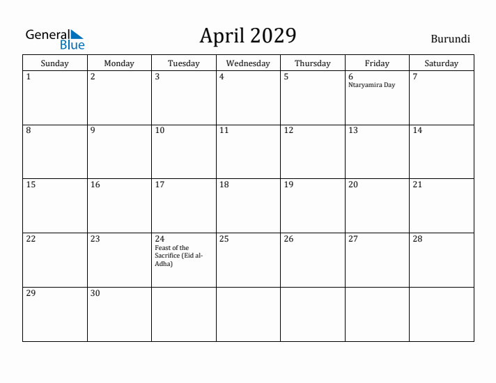 April 2029 Calendar Burundi
