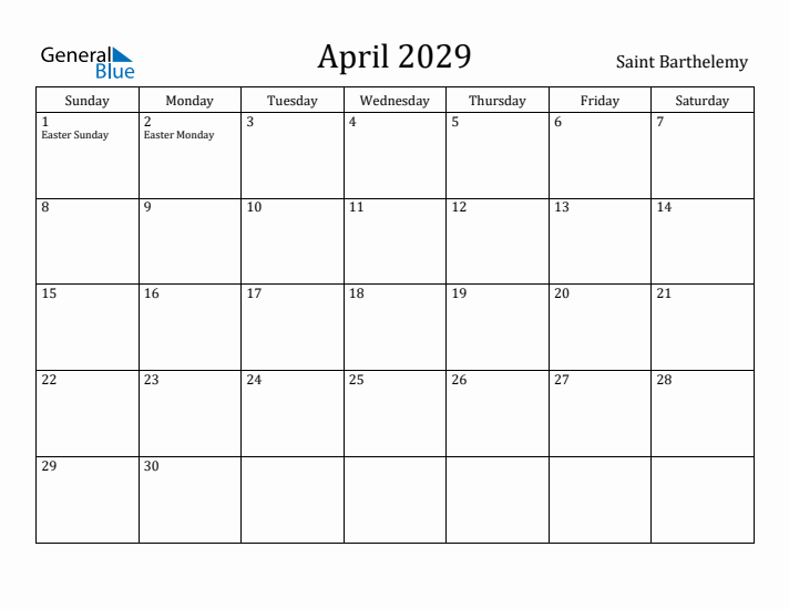 April 2029 Calendar Saint Barthelemy