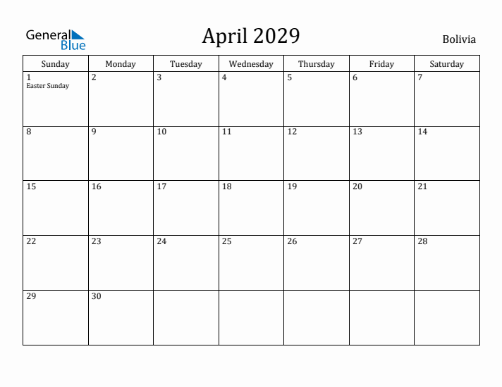 April 2029 Calendar Bolivia