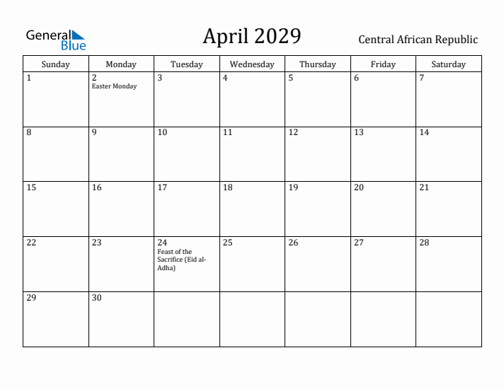 April 2029 Calendar Central African Republic