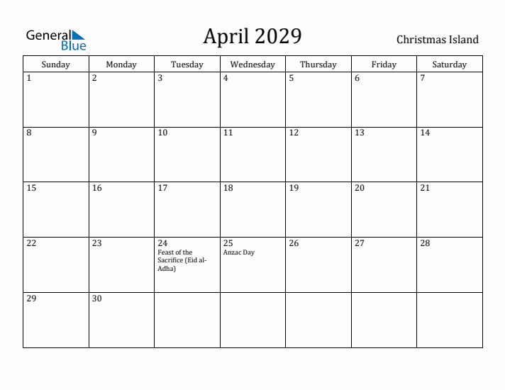 April 2029 Calendar Christmas Island