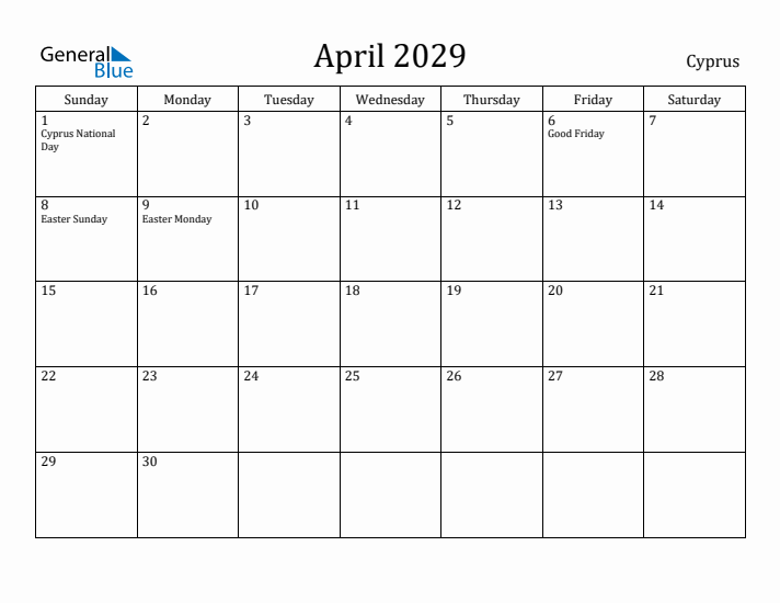 April 2029 Calendar Cyprus