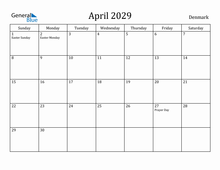 April 2029 Calendar Denmark