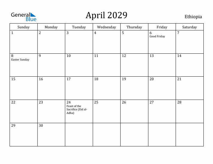 April 2029 Calendar Ethiopia