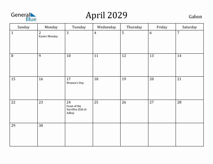 April 2029 Calendar Gabon