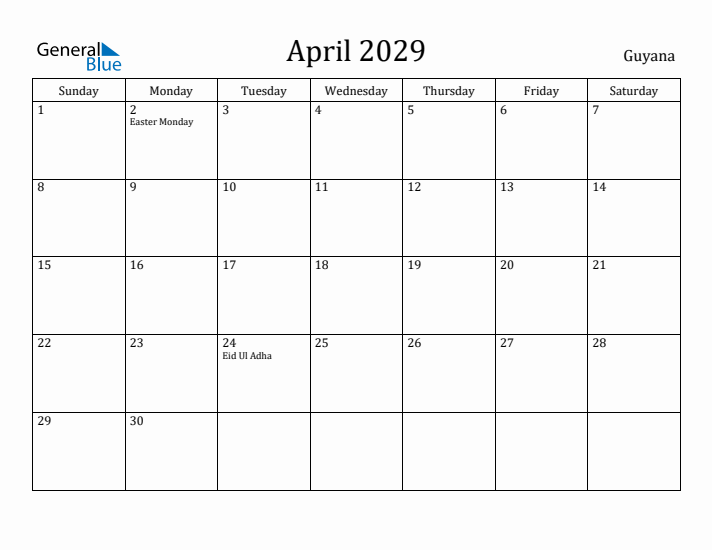 April 2029 Calendar Guyana