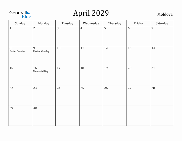 April 2029 Calendar Moldova
